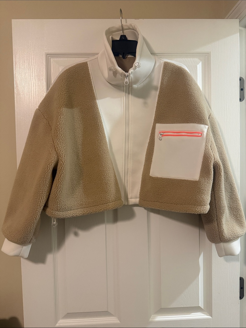 Zara Beige and White Teddy Cropped Jacket with Coral Zip Accent